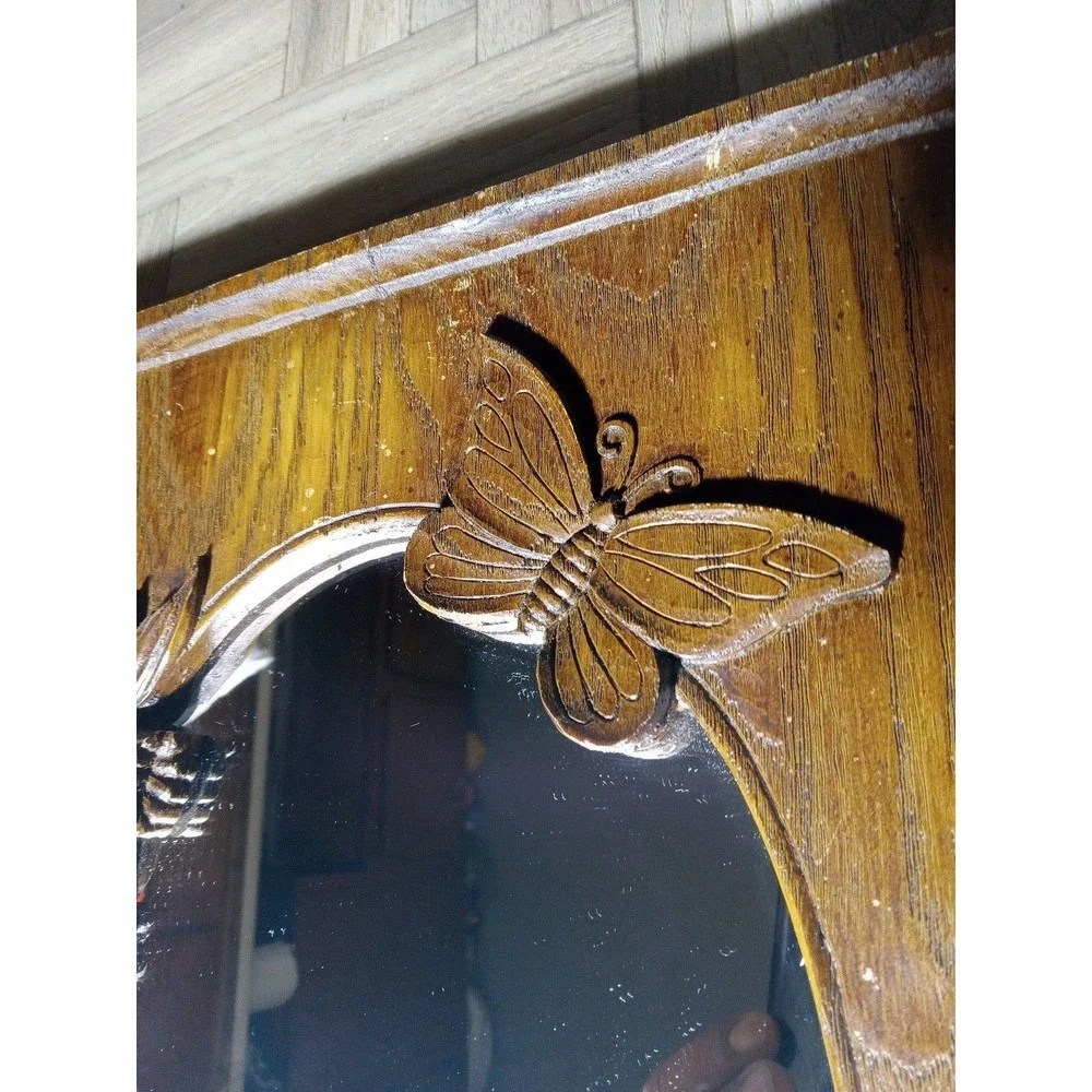 Vintage Einar Johansen Wood Carved Mirror 1976 Butterfly Daffodil Bluebells
